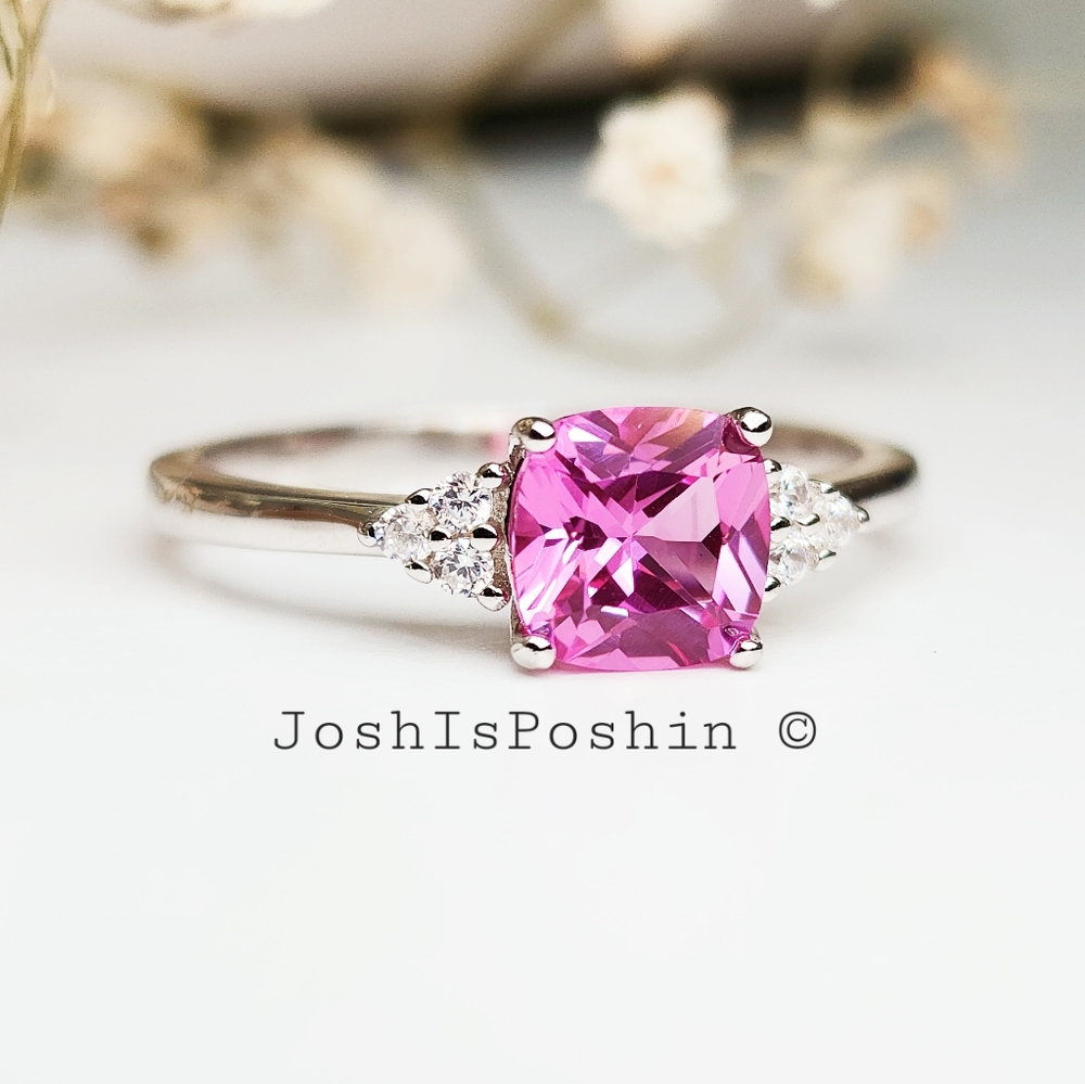 Lab grown cushion cut pink sapphire diamond cocktail ring in sterling silver